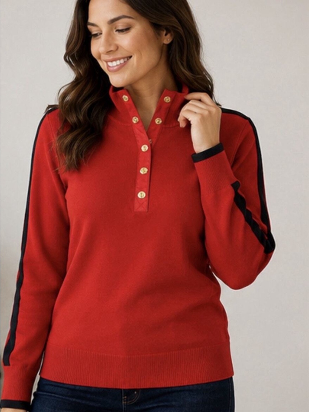 Ralph Lauren Red Snap Front Sweater with Black Sleeve Stripes Size XL